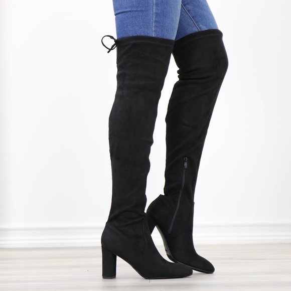 Pointy Toe Black Faux Suede Thigh High Over The Knee Block High Heel Boots - Picture 3 of 15